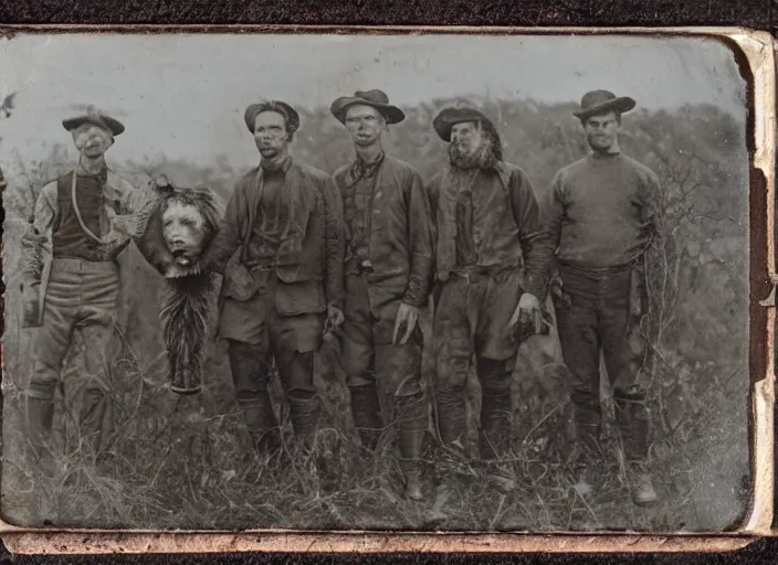 Image similar to tintype photo of a group of hunters posing with a giant dead sasquatch ape beast