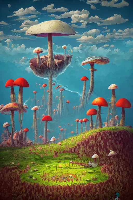 Image similar to surreal mushroom kingdom, floating island in the sky, waterpipes in the ground, summer morning, very coherent and colorful high contrast, art by!!!! gediminas pranckevicius!!!!, geof darrow, dark shadows, hard lighting