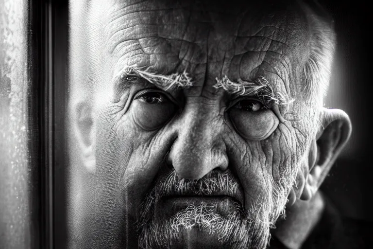 Image similar to an ultra realistic, cinematic, close up portrait, of an old man, looking in the window, sad, dramatic, soft light, dreamy, facial features, stood in a cell, with prison clothing, detailed, deep focus, movie still, dramatic lighting, ray tracing, by michal karcz and yoshitaka