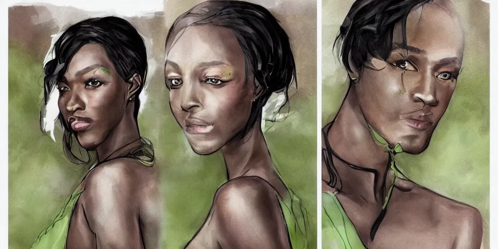 Image similar to a beautiful modern day queen, dark skin, green eyes. concept art. highlight detailed.