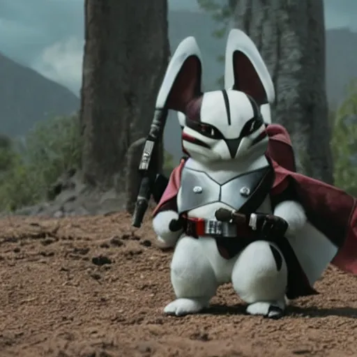 Image similar to a film still of emolga in the mandalorian