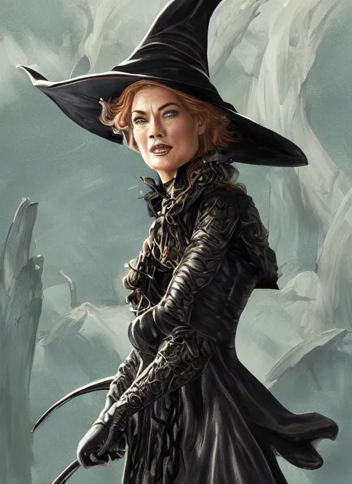 Prompt: beautiful female witch, rebecca romijn as wicked witch of the west, full body character concept, covered in full leather armor, art nouveau, super powers, fantasy, intricate, elegant, highly detailed, digital painting, artstation, concept art, shining, sharp focus, illustration, art by stanley lau