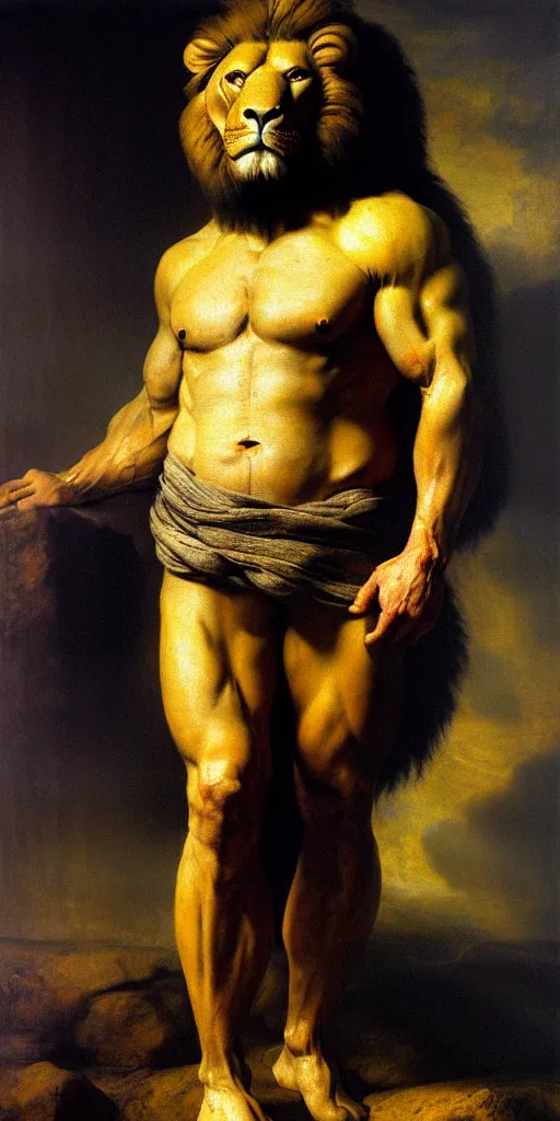 Prompt: oversized muscular lion as navy seal human legs full body portrait pose , very textured detailed oil painting by rembrandt , hard backlight , in dark cave