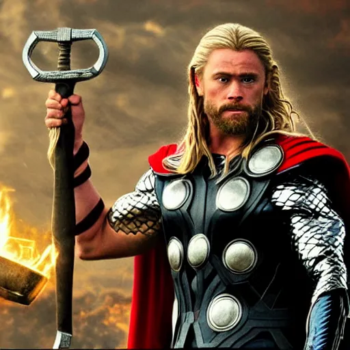 Prompt: baddas photo of thor holding hammer