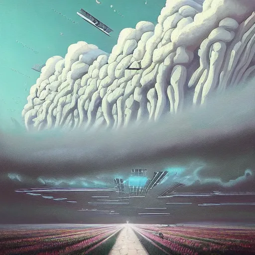 Image similar to beautiful painting of a landscape of glitched cloud ramifications and alien white monuments blossoming in the style of Simon Stålenhag and H. R. Giger, detailed, trending on Artstation