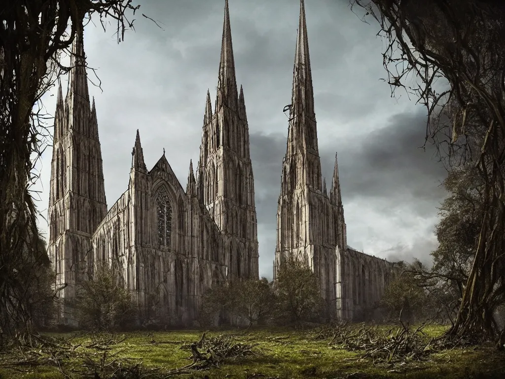 Prompt: Salisbury cathedral with a broken spire, post apocalyptic ruin, overgrown with vines, muted color, epic cinematography, dramatic lighting, fantasy art, trending on artstation