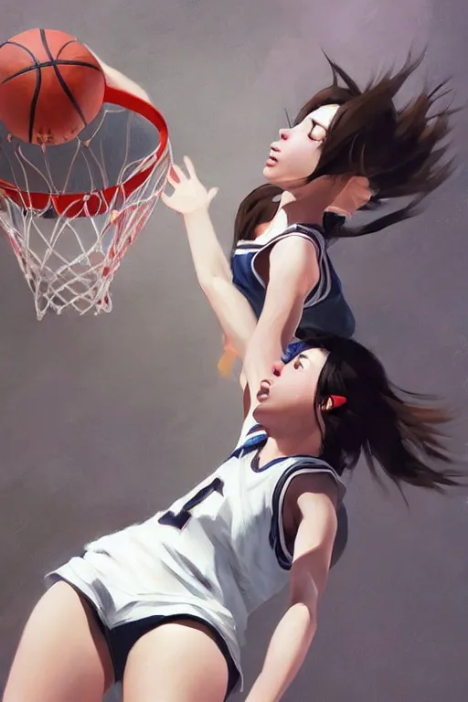 Image similar to A ultradetailed beautiful panting of a stylish girl dunking a basketball, Oil painting, by Ilya Kuvshinov, Greg Rutkowski and Makoto Shinkai