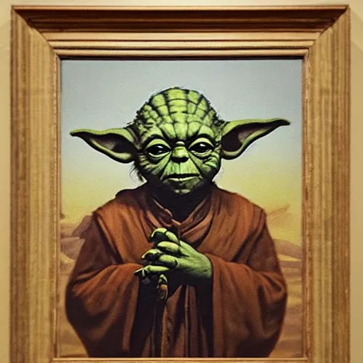 Image similar to a portrait painting of yoda from star wars in a renaissance style hanging in the louvre