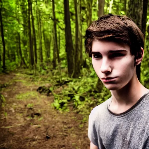 Prompt: a teenage boy, around 1 9 yo. looking sad. natural brown hair. loincloth, pale skin. muddy face. ominous and eerie looking forest i'm background. natural colors.