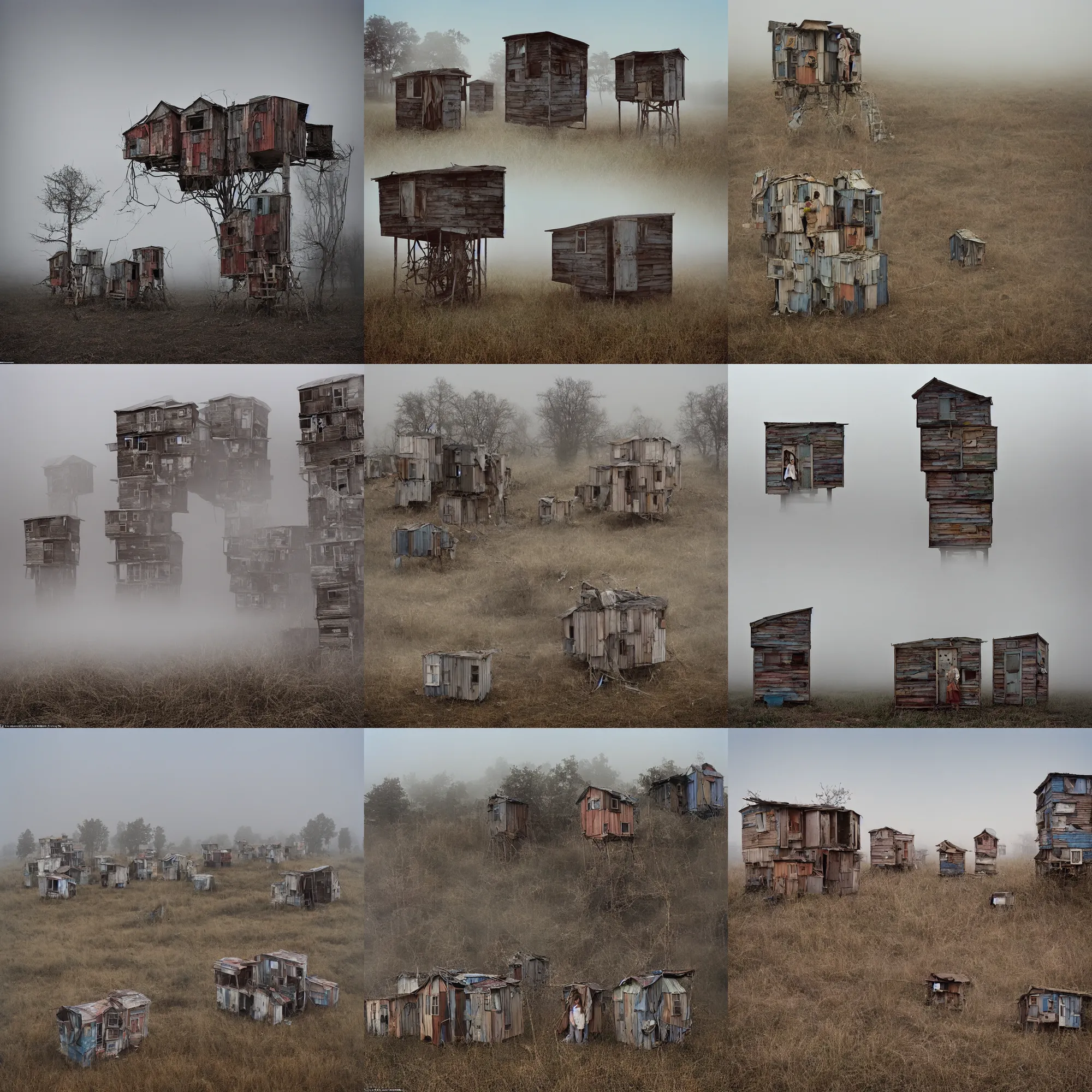 Prompt: high towers entangled, made up of makeshift squatter shacks with faded colours, plain uniform sky at the back, uneven fog, mamiya, ultra sharp, very detailed, photographed by julie blackmon