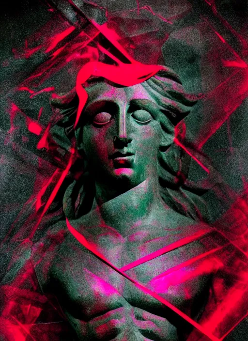 Image similar to elegant dark design poster showing a beautiful greco roman statue, black background with very subtle red and purple design elements, bold, powerful, nekro, vito acconci, thin straight purple lines, dark, glitch art, neo vaporwave, gritty, layout frame, square, trending on artstation