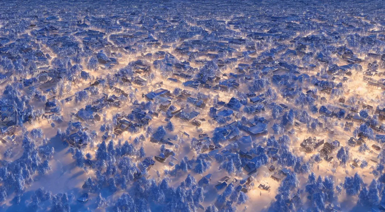 Prompt: A beautiful snow covered Viking city on the edge of a frozen lake, illuminated by moonlight in the evening. 4k