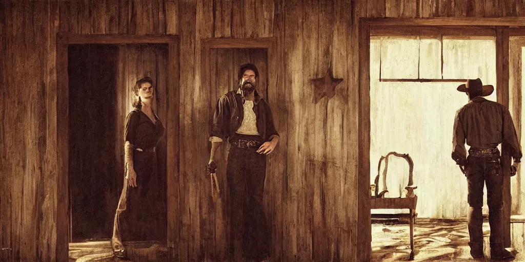 Image similar to in an old west cabin, close up portrait of beautiful Mila Jovovich (alone) in the doorway and Dave Bautista cowboy standing opposite ((alone)) at the window, arguing, symmetrical, in the style of Fredrick Remington, oil painting, cinematic