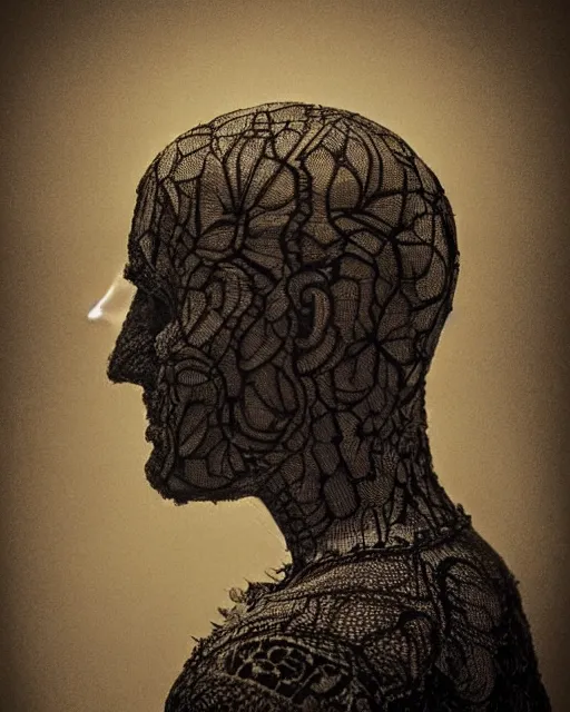 Image similar to a man's face in profile, made of intricate lace skeleton, in the style of the dutch masters and gregory crewdson, dark and moody