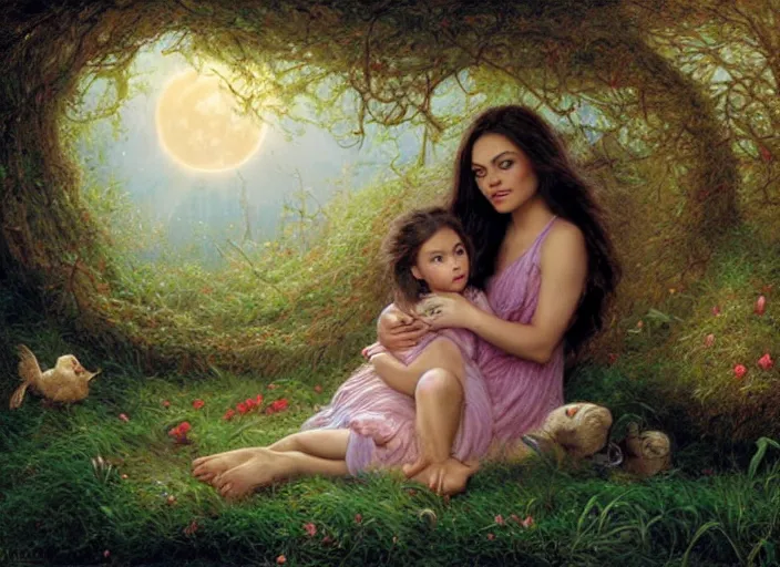 Image similar to Mila Kunis staring into the camera singing a lullaby, fireflies, full moon, Lilia Alvarado, Sophie Anderson, Mark Arian, Bob Byerley, Charlie Bowater, Mark Brooks, Steve Henderson, Justin Gerard, Arthur Hughes, Edward Robert Hughes, Mark Keathley, Victor Nizovtsev, Carlos Shwabe, Ross Tran, WLOP