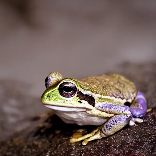 Image similar to closeup of a frog sitting on a stone in a forest, wildlife photography