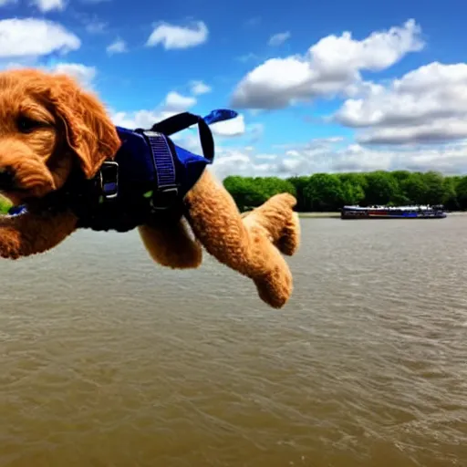 Prompt: Golden labradoodle puppy sky diving over the river Thames
