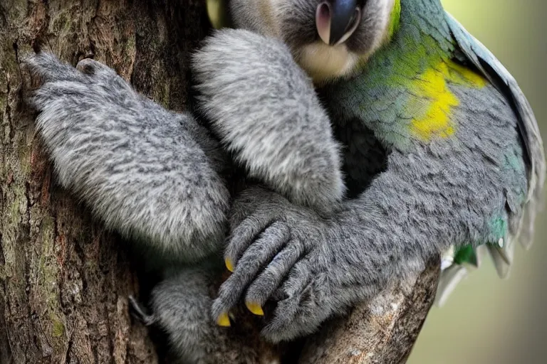 Image similar to award winning nature photograph of a parrot's beak on a cuddly koala in a tree. the koala is eating a eucalyptus leaf. focus on the beak. extreme detail, hyperrealistic photo, smooth, trending on artstation