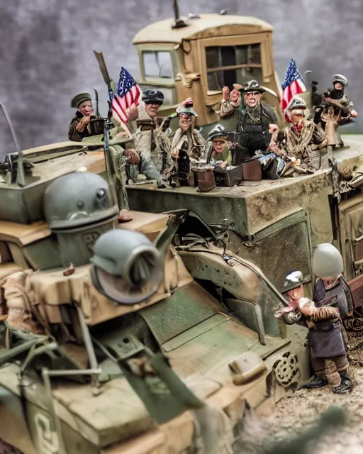 Prompt: high quality presentation photo of a detailed miniature diorama muppets in wwii, photography 4k, f1.8 anamorphic, bokeh, 4k, Canon, Nikon