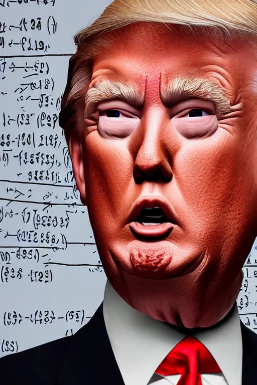 Image similar to extremely detailed portrait of donald trump looking totally confused by advanced mathematics written on a whiteboard and panicking. this is totally beyond him and the mere existence of math terrifies him. highly detailed lifelike photorealistic digital painting, trending on artstation.