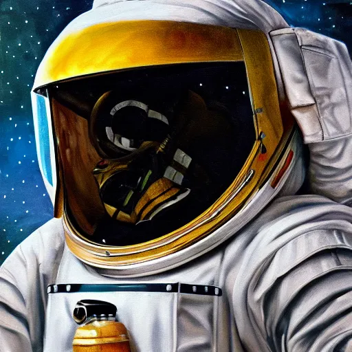 Image similar to oil painting of a big bee face in a astronaut suit with helmet, 35mm, photo, Epic, cinematic, highly detailed and intricate