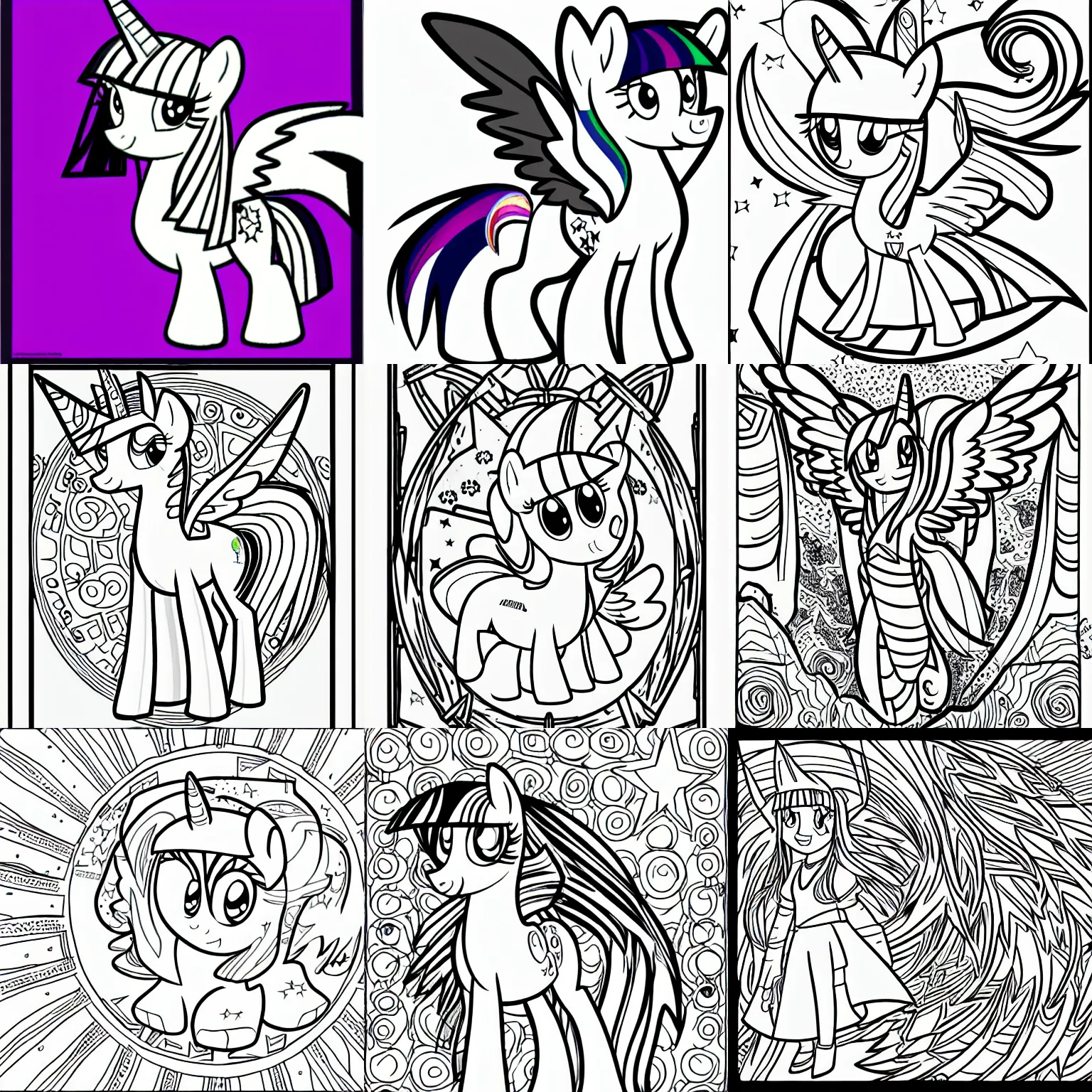 Prompt: Twilight Sparkle, uncolored black and white page from a coloring book