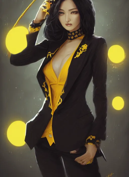 Prompt: a highly detailed illustration of meisa kuroki wearing black suit and tie with coattails, yellow eyes, dramatic elegant pose, strings background, intricate, elegant, highly detailed, centered, digital painting, artstation, concept art, smooth, sharp focus, league of legends concept art, wlop.