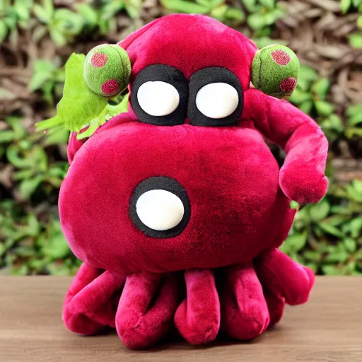 Prompt: strawberry creature with multiple eyes plush toy