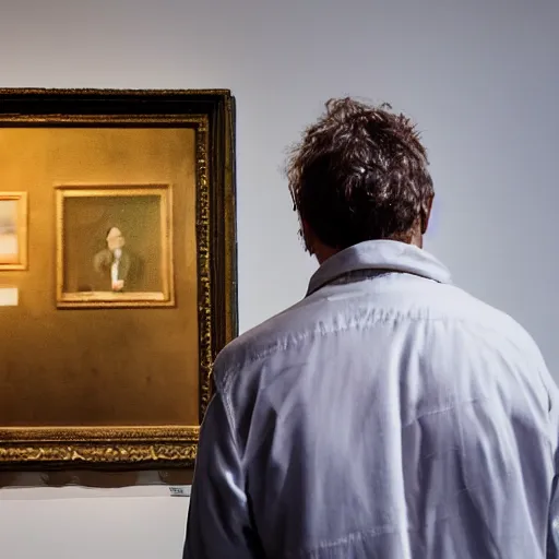 Image similar to Over the shoulder portrait of a middle-aged man staring at a painting in an art gallery. The painting he is looking at contains a person looking right back at him. Wide angle. Photorealistic. Dramatic lighting. Award winning photography. 35mm photograph.