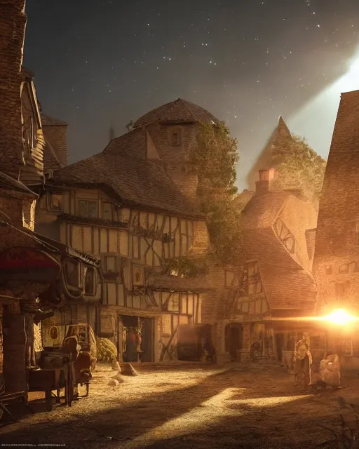 Image similar to ufo landing in medieval village, ultra realistic, lens flare, atmosphere, glow, detailed, intricate, full of colour, cinematic lighting, trending on artstation, 4 k, hyperrealistic, focused, extreme details, cinematic, masterpiece