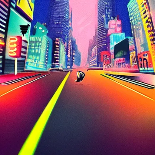 Prompt: neon city with a cat in the road cinematography