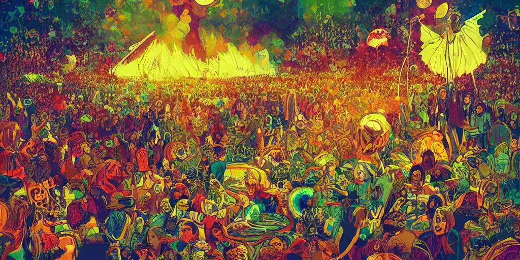 Prompt: magnificent picture of 1969 Woodstock, Hippie vibe, psychedelic detail, digital art, artstation, smooth, sharp