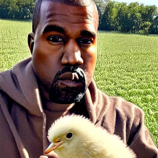 Image similar to kanye west in a farm holding up a baby chick extremely close to the camera, almost touching the lens. photograph extremely close wide - angle lens