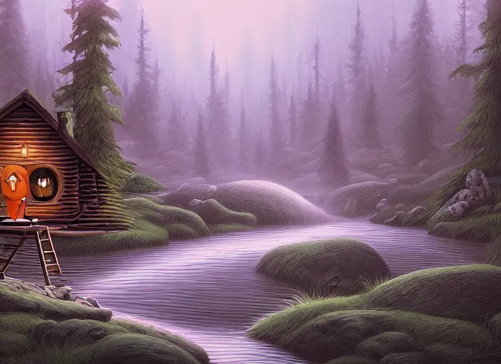 Prompt: matte sharp painting, a river running past a cozy cabin in the forest, juxtapoz, artforum, gary baseman, preston blair, tex avery, dan mumford, pedro correa