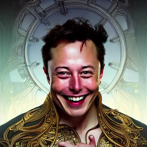 Prompt: Portrait of Elon Musk laughing hysterically as stock prices crash, fantasy, intricate, elegant, highly detailed, digital painting, artstation, concept art, matte, sharp focus, illustration, art by Artgerm and Greg Rutkowski and Alphonse Mucha, portrait