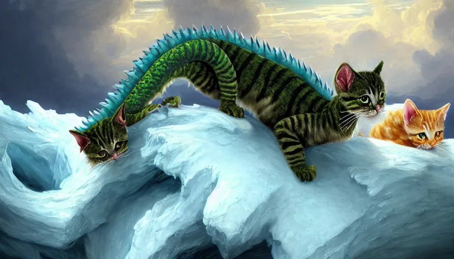 Prompt: highly detailed painting of cute baby furry green dragon kitty cats on a blue and white iceberg by william turner, by greg rutkowski, by william constable, thick brush strokes and visible paint layers, 4 k resolution