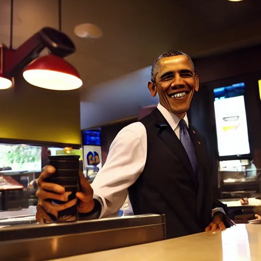 Prompt: A medium shot, cameraphone, indoors photography of Obama in a taco bell offering a cigarette, golden hour, facebook post 2012