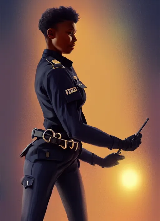 Image similar to full body portrait of young black woman as a police officer holding handcuffs, police uniform, intricate, beautiful and elegant, highly detailed, digital painting, artstation, concept art, smooth, sharp focus, illustration, art by wlop, mars ravelo and greg rutkowski