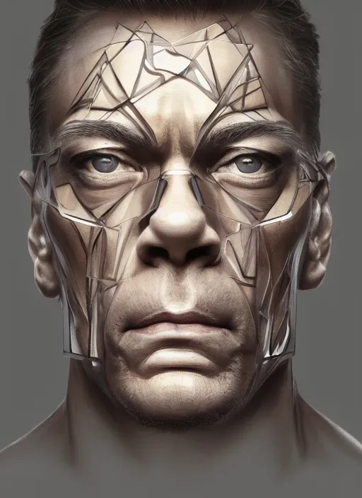 Image similar to symmetry!! jean claude van damme, machine parts embedded into face, intricate, elegant, highly detailed, digital painting, artstation, concept art, smooth, sharp focus, illustration, art by artgerm and greg rutkowski and alphonse mucha, 8 k