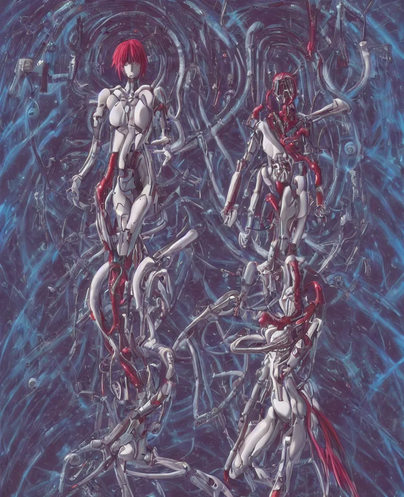 Image similar to female anime character rei ayanami cyborg in the center giygas epcotinside a space station eye of providence beksinski finnian vivid hr giger to eye hellscape mind character environmental