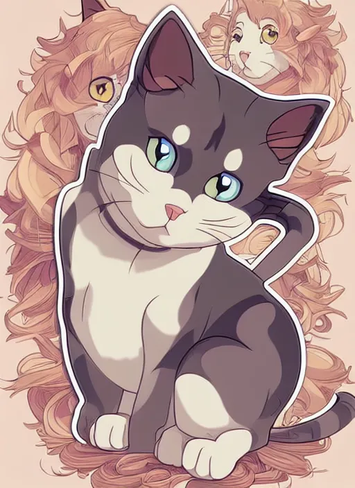 Prompt: cute cat sticker design, natural lighting, path traced, highly detailed, high quality, digital painting, by don bluth and ross tran and studio ghibli and alphonse mucha, artgerm