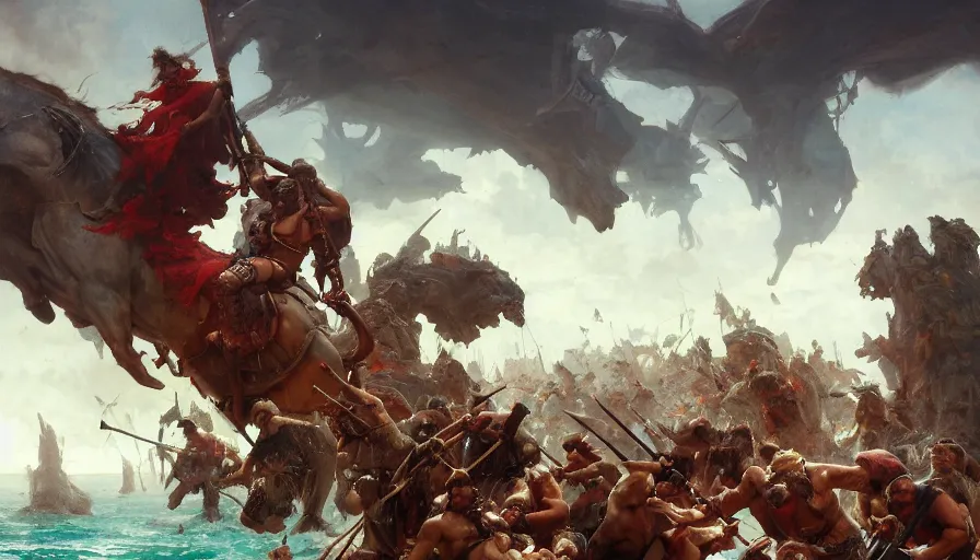 Image similar to barbarians, nodric gods, fighting epic battle on floating islands in the sky, good composition, artstation, 4 k illustration, sharp focus, sunlit, painted by ruan jia, raymond swanland, lawrence alma tadema, zdzislaw beksinski, norman rockwell, jack kirby, tom lovell, alex malveda, greg staples