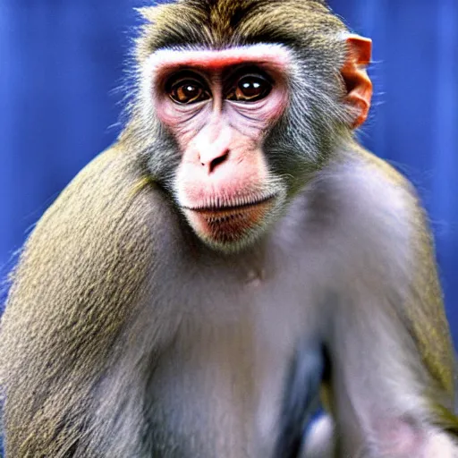 Image similar to portrait of a humanoid macaque wearing a ukrainian headband in the style of piccaso