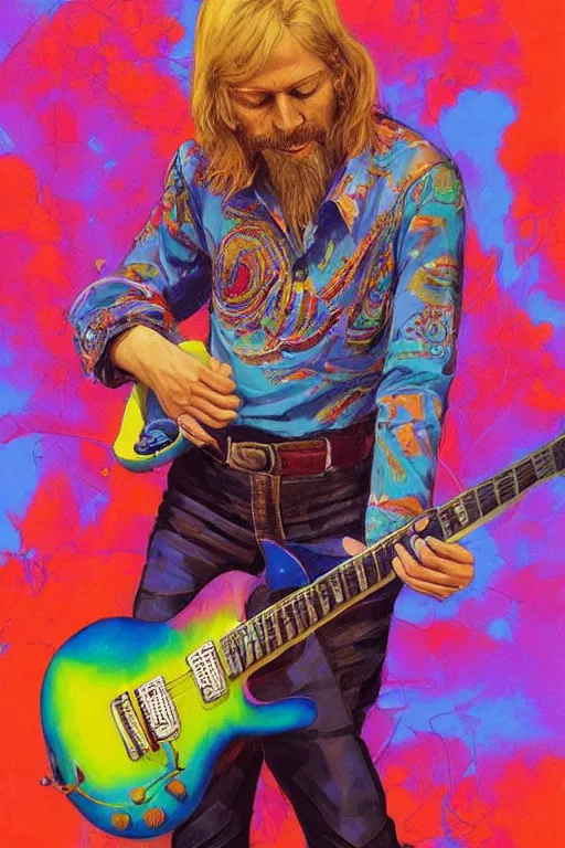 Prompt: a professional painting of Duane Allman, in brightly colored psychedelic shirt, playing a guitar, long hair, beautiful bone structure, symmetrical facial features, intricate, elegant, digital painting, concept art, smooth, sharp focus, illustration, from StarCraft by Ruan Jia and Mandy Jurgens and Artgerm and William-Adolphe Bouguerea, epic, stunning, gorgeous, intricate detail, much wow, ultra realistic, photorealism, 4K, masterpiece, trending on artstation