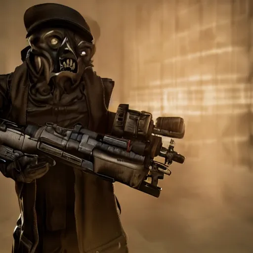 Image similar to butler with wolf face, dystopian, cinematic lighting, horror scene, big gun, black mask, octane render