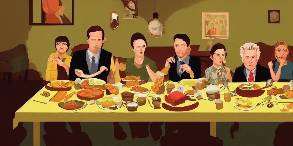 Prompt: A family lunch in the style of David Lynch, by Wes Anderson, concept art, arstation