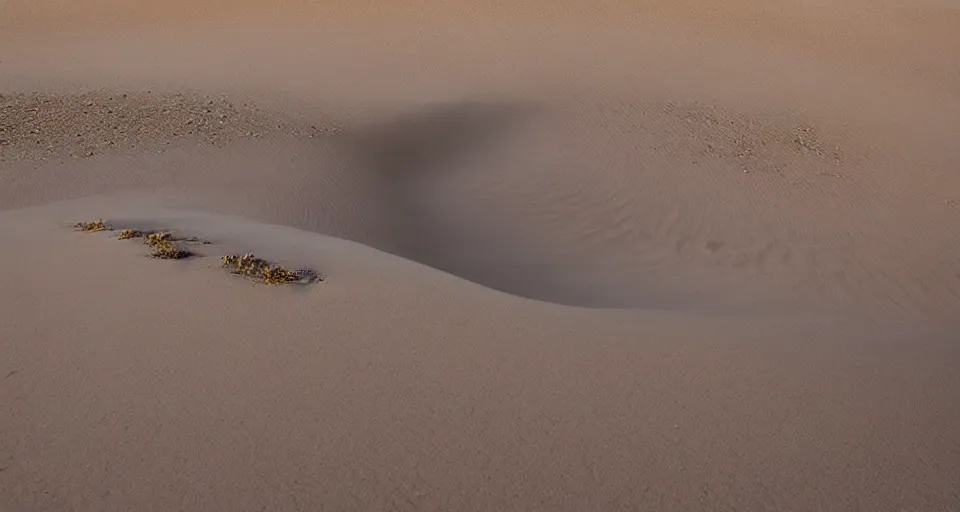 Prompt: the desert is cold that morning as the rough dirt transitions unnaturally to sand. as the light rises the edges of the dunes glow blueish, the sunlight twisted and refracted.