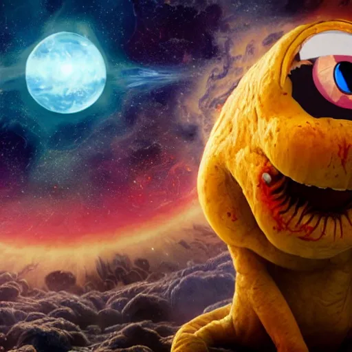 Image similar to one eldritch horror bloody garfield in space, galaxy, hd, 8 k, cinema footage, giant, epic, realistic photo, unreal engine, stars, prophecy, powerful, cinematic lighting, destroyed planet, debris, violent, sinister, ray tracing, dynamic, print, epic composition, dark, horrific, teeth, grotesque