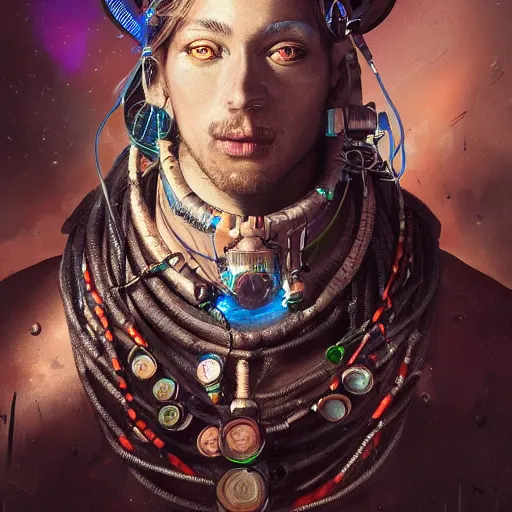 Image similar to detailed portrait of a futuristic sci - fi shaman in an impressive scene. extremely detailed. beautiful lighting. trending on artstation.