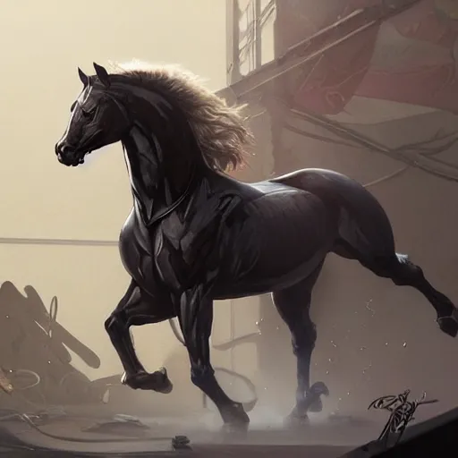 Image similar to splash art of a muscular black - coated anthropomorphic horse character wearing tactical kevlar fabric with a long white mane, exaggerated muscles, highly detailed, furry, furaffinity, digital painting, artstation, sharp focus, illustration, art by artgerm, greg rutkowski, alphonse mucha